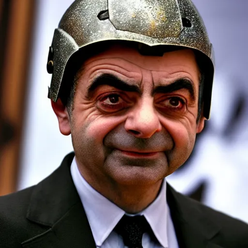 Image similar to photo of rowan atkinson in mandelorian armor helmet off, high res, realistic, high detail