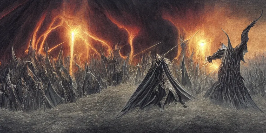 Image similar to illustration of Sauron fighting Saruman, the lord of the rings, by John Howe