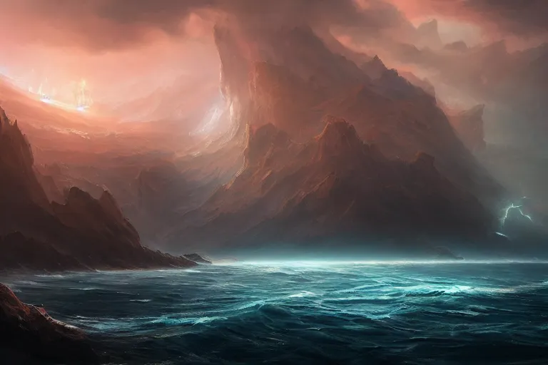 Prompt: cinematic painting by jessica rossier, darkness over a primordial ocean, in the beginning god created the heavens and the earth, now the earth was formless and empty, darkness was over the surface of the deep, and the spirit of god was hovering over the waters.