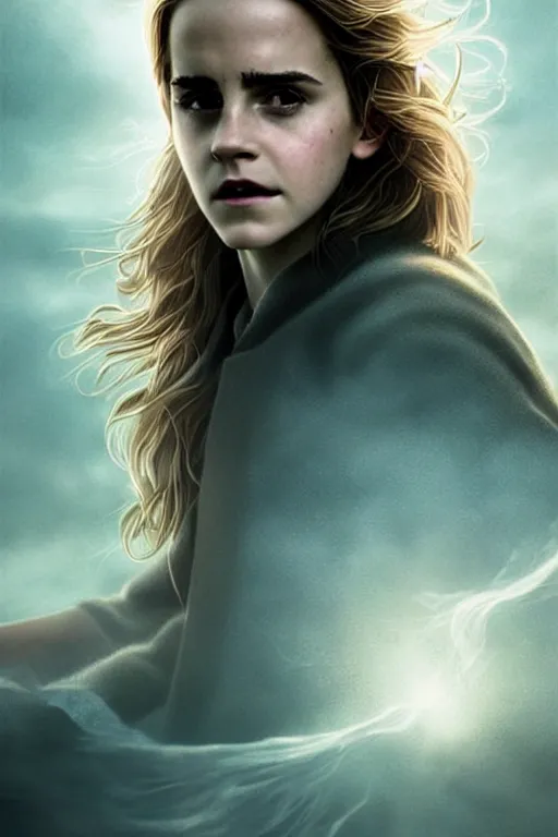 Prompt: Poster artwork, Emma Watson as Hermione Granger, fading!!!, dissolving!!! into light!!!, vanishing!!!, magnificent, medium shot, close up, details, sharp focus, elegant, highly detailed, illustration, by Jordan Grimmer and greg rutkowski and PiNe(パイネ) and 薯子Imoko and 香川悠作 and wlop!! and maya takamura, intricate, beautiful, Trending artstation, pixiv, digital Art