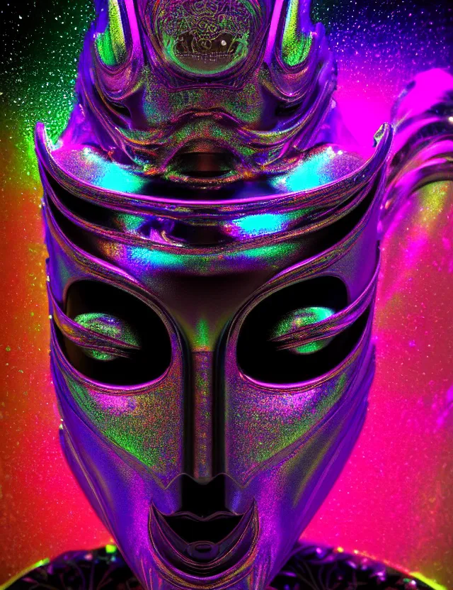 Image similar to highly detailed digital art rendering of a beautiful futuristic iridescent geisha mask with glowing eyes. black background. gritty textures. unreal engine, redshift, blender. psychedelic art. trending on artstation, behance.