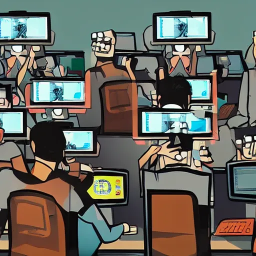 Image similar to fifty monkeys are staring a individual computer screens in a crowded cubicle - style office, the computer screens have bitcoin logos, in the style of the videogame disco elysium, harsh contrast lighting