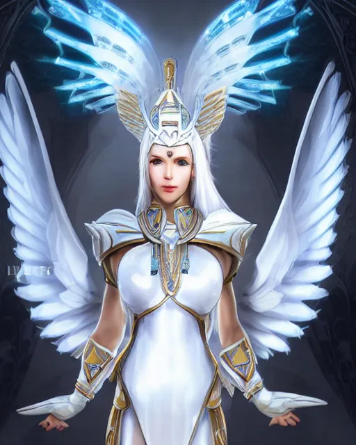 Image similar to perfect white haired egyptian goddess wearing white dove wings, warframe armor, regal, attractive, ornate, sultry, beautiful, dreamy, half asian, pretty face, blue eyes, detailed, scifi platform, 4 k, ultra realistic, epic lighting, android body, illuminated, cinematic, masterpiece, art by akihito tsukushi, voidstar, artgerm