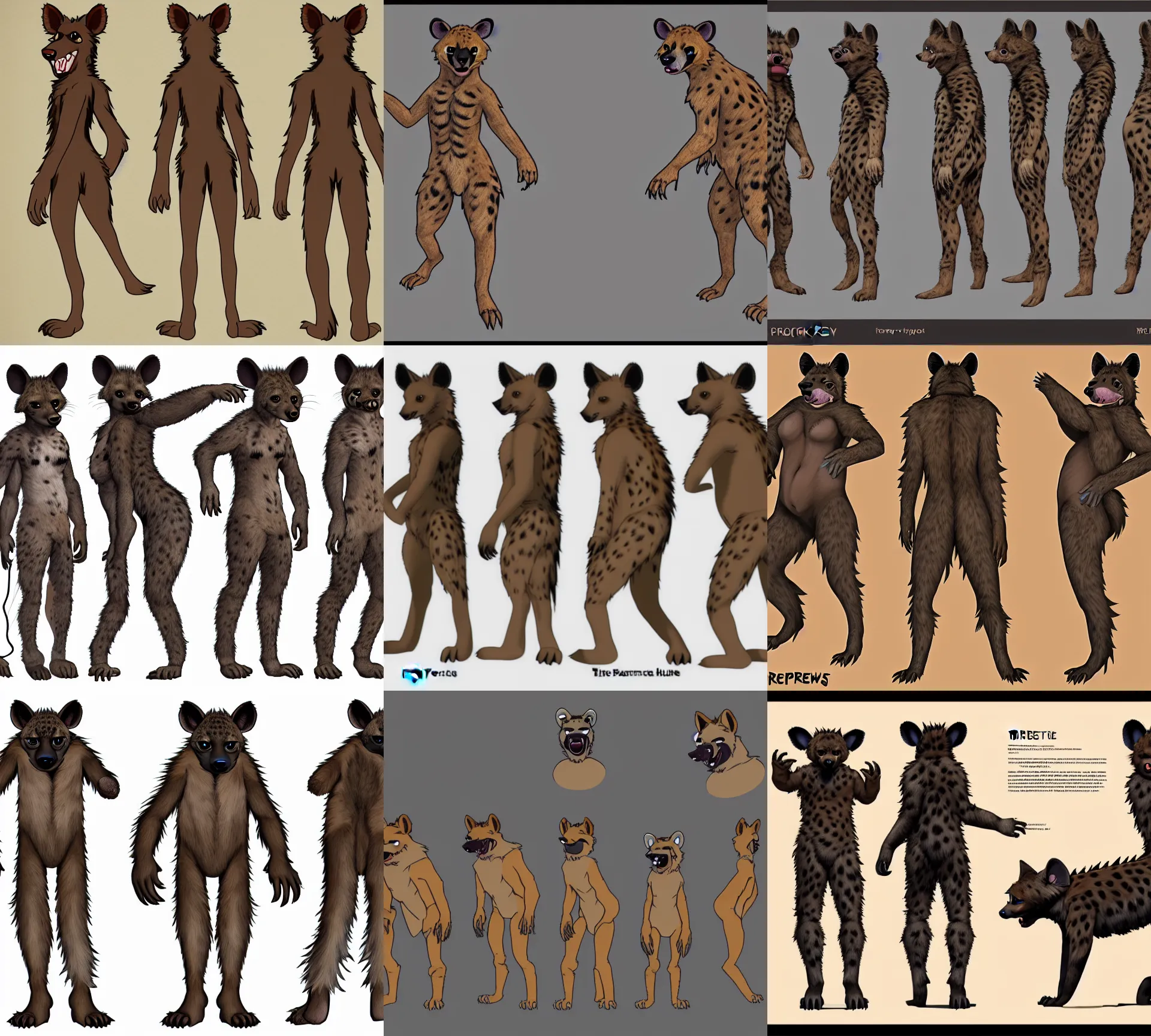 Prompt: three - perspective furry reference sheet ( front / back / side ), hyena fursona, high - resolution, trending on weasyl