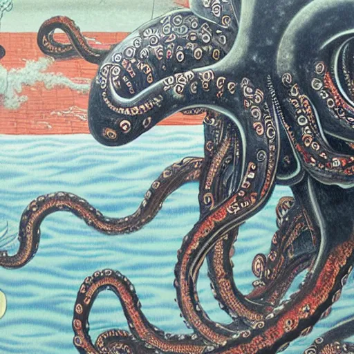 Prompt: photorealistic highly detailed japanese ancient art style painting of giant octopus sinking a ww2 battleship clutching in tentacles