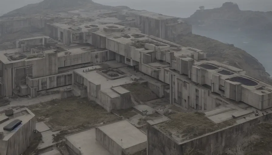 Image similar to big brutalist imperial military base on cliffs, drawing architecture, very long shot, top angle, imperial architecture in rogue one, pritzker architecture prize, brutalism architecture, jan urschel, roger deakins, greig fraser