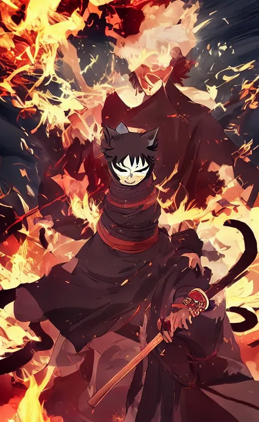 Prompt: house cat samurai epic, in the style of demon slayer anime, anime opening, dramatic opening, fire, lightning, full body portrait, realistic