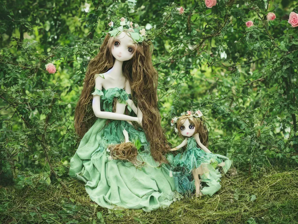 Image similar to cute fumo plush girl wrapped in vines in the middle of a lush rose garden, glowing gothic wraith plantgirl, tattered green dress, blue sky sunshine, bokeh, vray