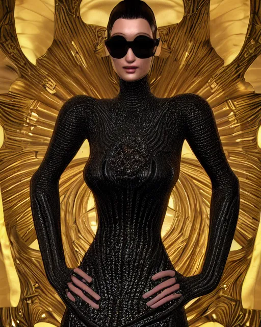 Image similar to a highly detailed metahuman 4 k close up render of a bella hadid as black latex monument renaissance in iris van herpen dress schiaparelli in diamonds crystals swarovski and jewelry iridescent in style of alphonse mucha gustav klimt trending on artstation made in unreal engine 4