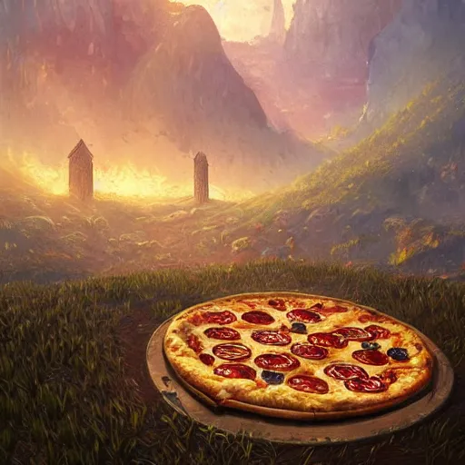 Image similar to ultra realistic illustration of pizza giant, intricate, fantasy italy, epic landscape, highly detailed, digital painting, artstation, concept art, smooth, sharp focus, illustration, art by tim mcburnie and conar cross and anato finnstark