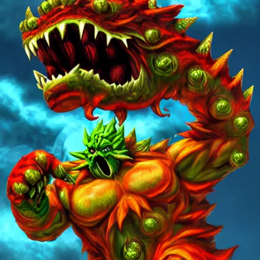 Image similar to demonic Kaiju Bowser roaring into the sky, muscular arms, standing upright, talons, horns, super Mario, horror, Cthulhu, highly detailed, ruined kingdom