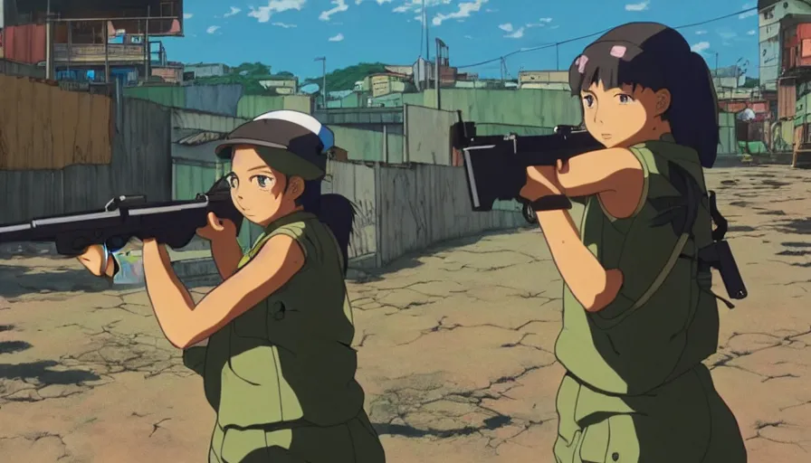 Image similar to 8 k screencap of a girl with a gun on a favela anime, by hayao miyazaki, studio ghibli, favela background extremely high quality artwork
