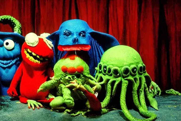 Prompt: full color frame from a live action 1972 kids show with Cthulhu, sad cheese puppet, and the friends, horror, grunge, wet, upsetting