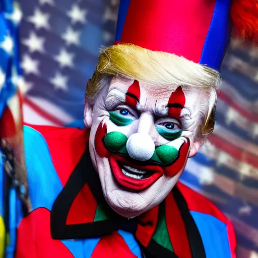 Image similar to donald trump dressed as a clown, photo, high details, 8k resolution