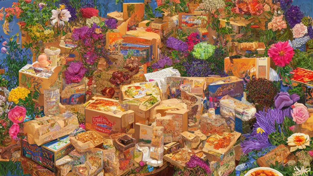 Image similar to highly detailed oil painting of a box of hot pockets surrounded by all the known species of flowers by olaf hayek, by moebius, by oliver vernon, by joseph moncada, by damon soule, by manabu ikeda, by kyle hotz, by dan mumford, by kilian eng