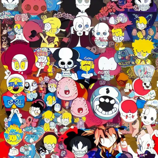 Image similar to anime manga skull portrait girl face ren and stimpy cuphead marge simpson detailed highres 4k Mucha and James Jean pop art nouveau