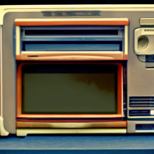 Prompt: 3 5 mm film color photograph of retro hardware with a screen with windows 9 8