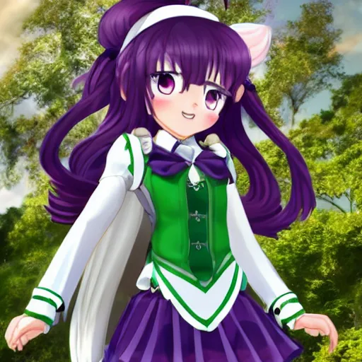 Prompt: This serene magical girl's round eyes are the color of fresh green apples and her medium-length, curly, silky, purple hair is worn in a severe style. She has a petite build. She has angel powers that are invoked by helpful spirit companions. Her uniform is white and brown, resembles a schoolgirl's fuku, and glows with a powerful radiance