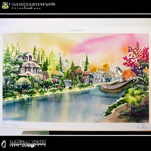 Image similar to Beautiful happy picturesque charming sci-fi city in harmony with nature. Beautiful light. Water and plants. Nice colour scheme, soft warm colour. Beautiful detailed watercolor by Lurid. (2022)