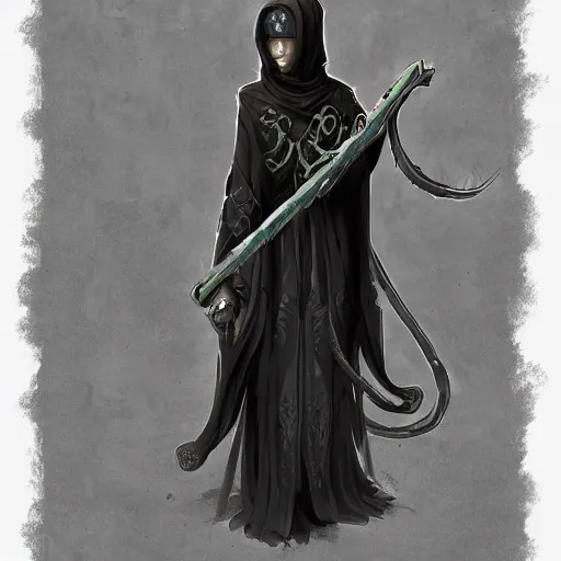 Image similar to concept art of a cultist in dark robes, lovecraftian elements, good illumination, detailed, intricate, artstation