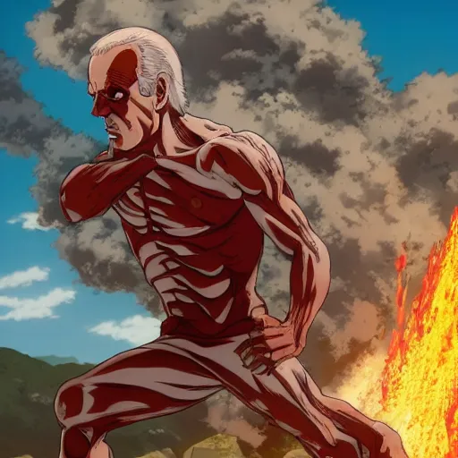 Prompt: joe biden, as the colossal titan, kicking a mansion, attack on titan, anime key visual, wit studio official media, beachfront mansion, smoke and rubble, high detail