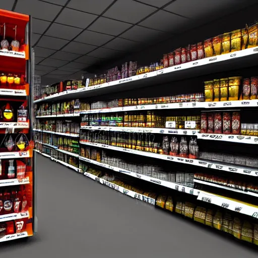 Image similar to Orc's in a dark scary supermarket in Mordor, very wide shot, shelves are full of arcane wares, tinctures, mouldy vegetables, dark coloured toiletries and animal body parts. Sauron is working on each checkout. 8k render