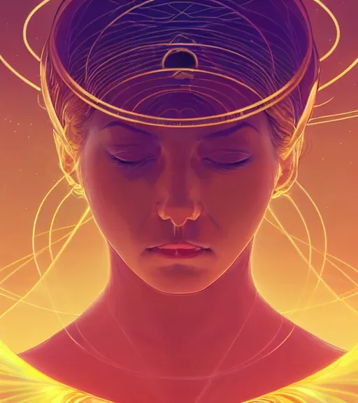 Image similar to a golden woman 2/3 figurative portrait, in space, head breaking apart and spiraling geometry into the sky upwards into another dimension, lazer light beaming down to top of her head, by james jean, artgerm, featured in artstation, elegant, Moebius, Greg rutkowski, anime