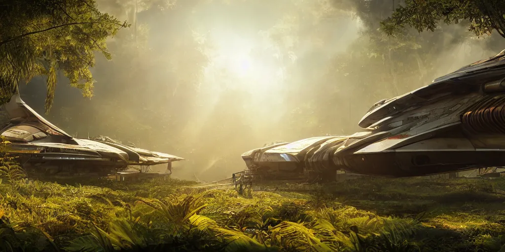 Image similar to a futuristic rusty old spaceship, on a landing pad, surrounded by a lush jungle, , golden hour, sun beams, volumetric light, hyperdetailed, artstation, cgsociety, 8k