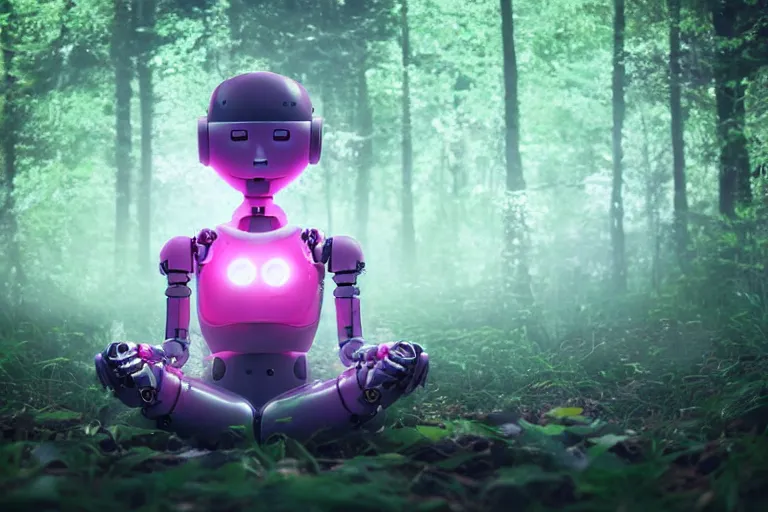 Image similar to a cute robot girl meditating in the forest, astral, synthwave, realism, 8 k