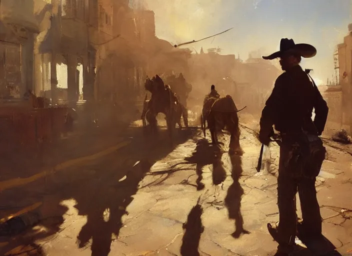 Prompt: oil painting of old rugged cowboy in wild west street, firing revolver, gun smoke, art by anders zorn, wonderful masterpiece by greg rutkowski, beautiful cinematic light, american romanticism by greg manchess, reflections in copper, sunlight, dust and steam