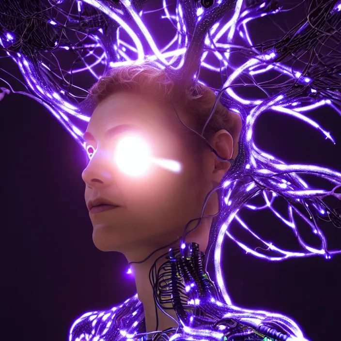 Image similar to female cyborg dryad portrait, entwined by light frequencies and wiring, octane render, universe and stars in the background, dark surreal, light shining through, hyper - realistic, highly detailed, sharp focus, smooth, intricate