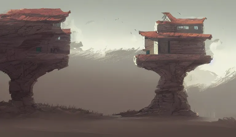 Prompt: A serene landscape with a singular building in the style of concept art