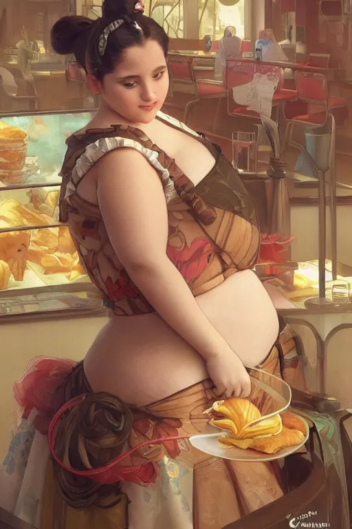 Image similar to obese cottagecore Ariana Grande , food addiction and fat rolls, inside a mc donalds, intricate, elegant, highly detailed, digital painting, artstation, concept art, smooth, sharp, focus, illustration, art by artgerm and greg rutkowski and alphonse mucha