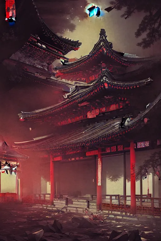 Image similar to a dreamland of chinese ukiyo - e, geometry and astrology, a decaying japanese temple, stunning atmosphere, nanotech demonic monster horror art by andreas achenbach and alena aenami