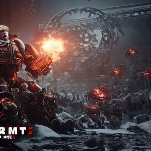 Image similar to Portrait of donald trump as the emperor of humanity from warhammer 40k in Gears of War, splash art, movie still, cinematic lighting, dramatic, octane render, long lens, shallow depth of field, bokeh, anamorphic lens flare, 8k, hyper detailed, 35mm film grain