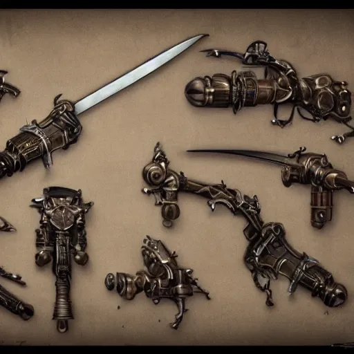 Prompt: steampunk style weapons, concept art, octane render, art by dishonored
