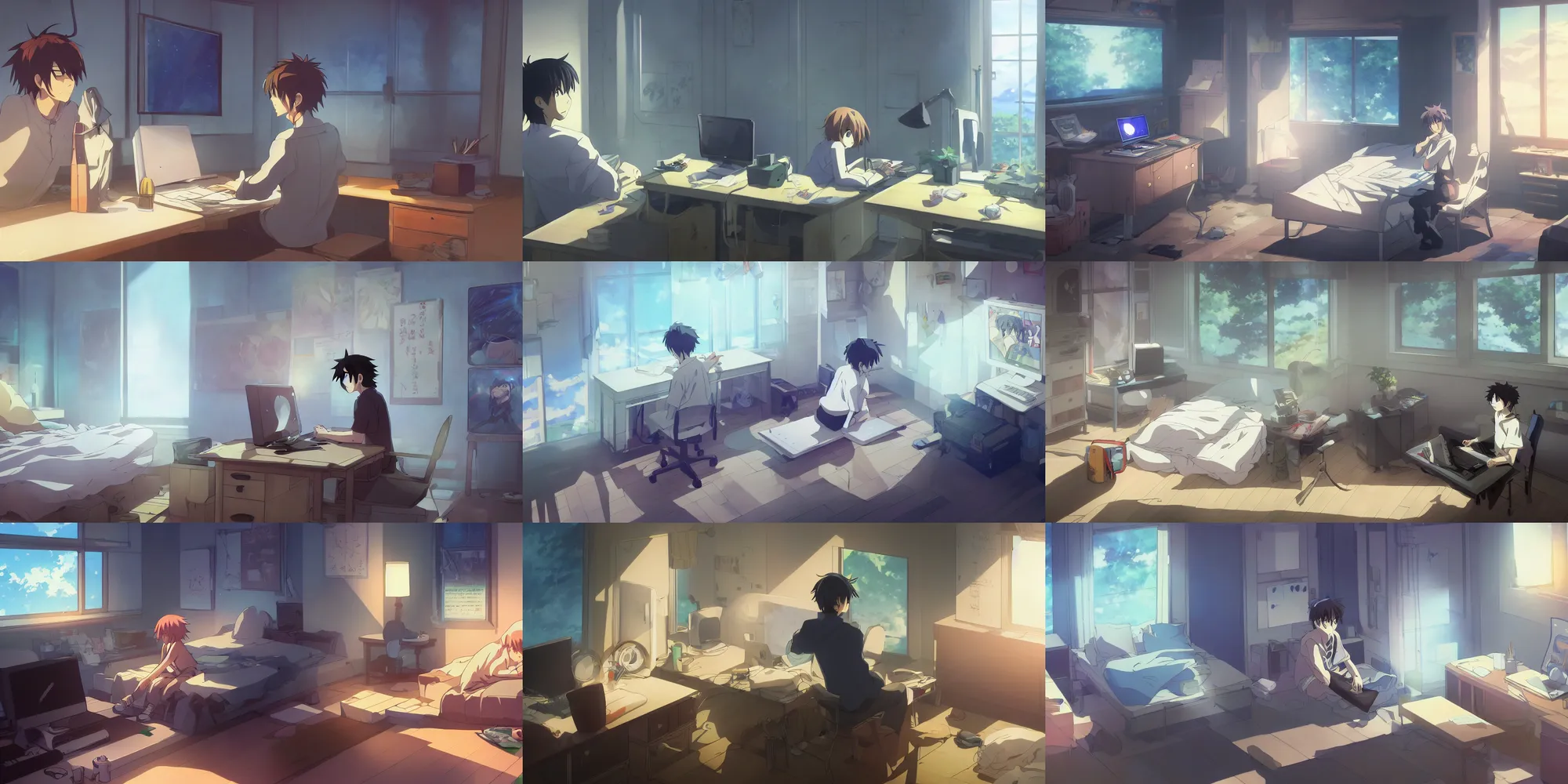Prompt: a detailed painting of an anime bedroom ; a young anime man sitting at his bedroom desk, tired and staring at the computer while drawing on a wacom tablet ; in a hd screenshot from the anime film, directed by makoto shinkai ; dramatic lighting and composition, trending on artstation