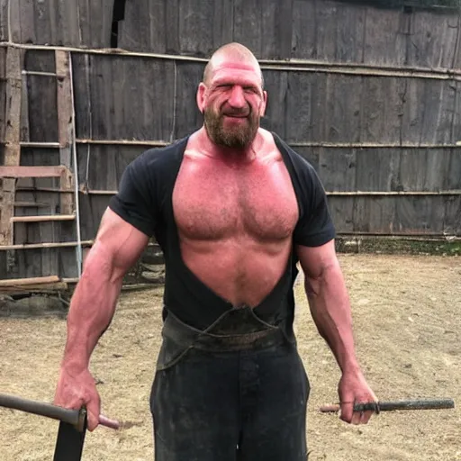 Image similar to triple h as blacksmith make his hammer