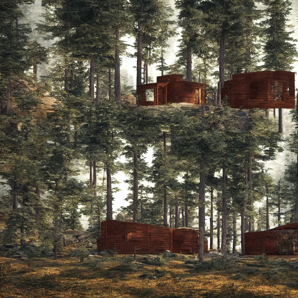 Prompt: octane render cabin in the woods diorama, ultra realistic