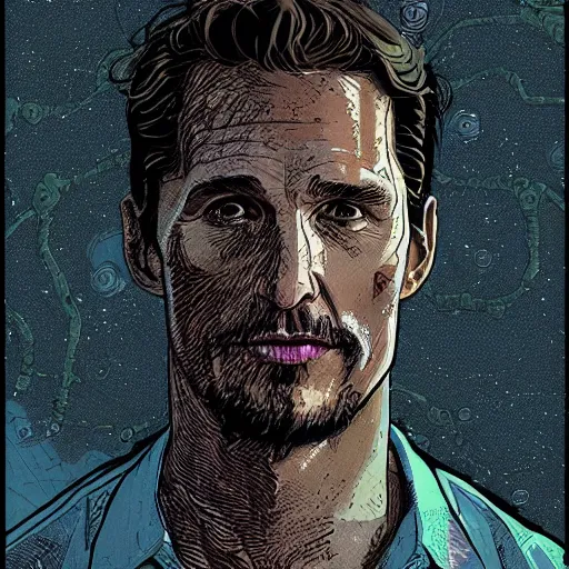 Image similar to a study of cell shaded portrait of matthew mcconaughey concept art, llustration, post grunge, concept art by josan gonzales and wlop, by james jean, Victo ngai, David Rubín, Mike Mignola, Laurie Greasley, highly detailed, sharp focus, alien, Trending on Artstation, HQ, deviantart, art by artgem