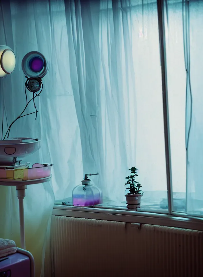 Image similar to telephoto 7 0 mm f / 2. 8 iso 2 0 0 photograph depicting the feeling of chrysalism in a cosy cluttered french sci - fi minimalist ( art nouveau ) cyberpunk apartment in a pastel dreamstate art cinema style. ( ( computer screens, window, sink, lamp ( ( ( fish tank ) ) ) ) ), ambient light.