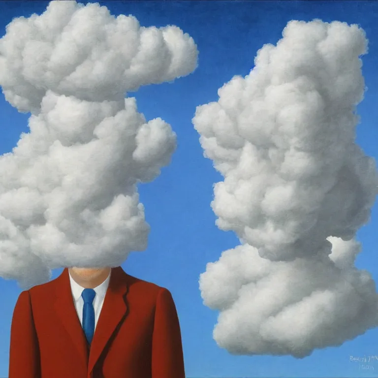 Image similar to cloud - man, by rene magritte, centered, detailed painting, hd, hq, high resolution, high detail, 4 k, 8 k