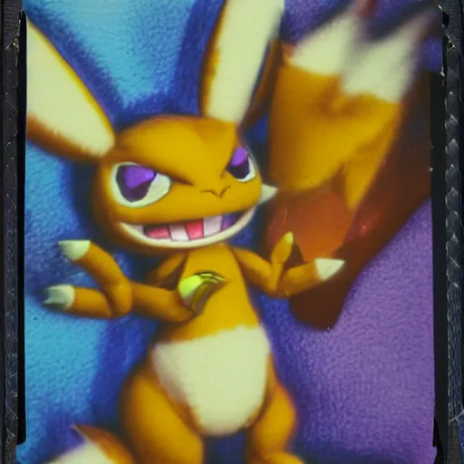 Image similar to 90s vignette photo of Renamon from Digimon washing a 90s car in a suburban neighborhood, realistic Polaroid picture, weathered artifacts