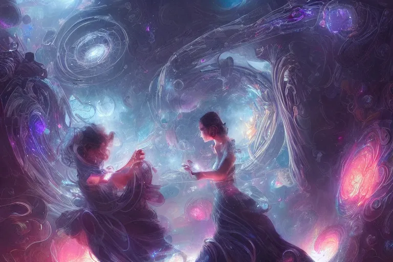 Image similar to transparent ghostly people in a nebula of sound, arcs of fiery neon light, swirling mystical particles and glowing musical notes floating, beautiful, intricate, highly detailed concept art by artgerm and greg rutkowski and android jones