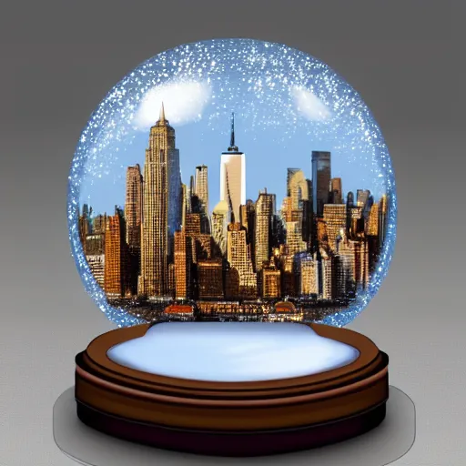 Prompt: snow globe of new york city, on a shelf, artstation, photorealism