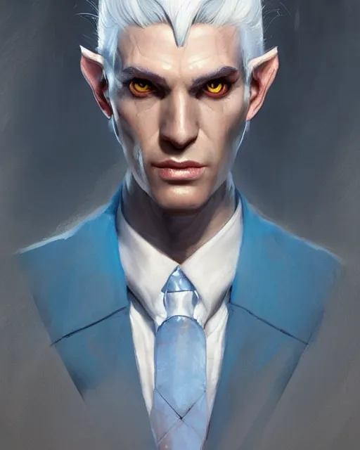 Prompt: character portrait of a slender half - elven man with white hair and piercing blue eyes, by greg rutkowski, mark brookes, jim burns, tom bagshaw, trending on artstation