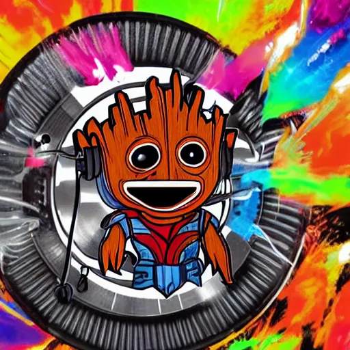 Image similar to svg sticker of a Pop-Wonder Groot-Marvel-Avenger at a rave, spinning records, giant headphones rocking out, wearing headphones, huge speakers, dancing, rave, DJ, spinning records, digital art, amazing composition, rule-of-thirds, award-winning, trending on artstation, featured on deviantart