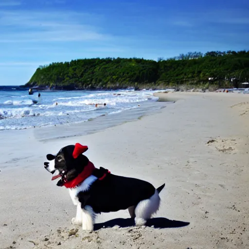 Prompt: Dog with white hat on his head, on the beach having a picknick