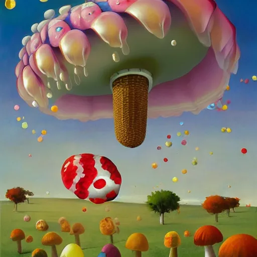 Image similar to Giant ice cream jellyfish, jellybeans, flowers, and mushrooms fly through the air, as a tornado approaches, by Takashi Murakami, Edward Hopper, Bo Bartlett, and Cynthia Sheppard, Artstation