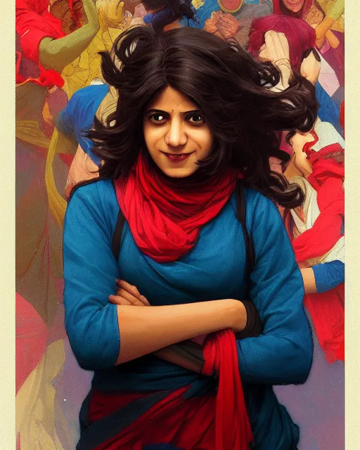 Image similar to A Full View of Kamala Khan played by Iman Vellani, filled with wonder. MCU. John hughes film. masterpiece 4k digital illustration by Ruan Jia and Mandy Jurgens and Artgerm and greg rutkowski and Alexander Tsaruk and WLOP and william-adolphe bouguereau, award winning, Artstation, art nouveau aesthetic, Alphonse Mucha background, intricate details, realistic, panoramic view, Hyperdetailed, 8k resolution, intricate art nouveau